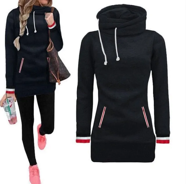 Black Ulzzang Sport Turtleneck Sweatshirt Women Warm Hooded Tunic Hoodies Slim Fit Poleron Mujer 2019 Bodysuit Red Stripe Hoodie