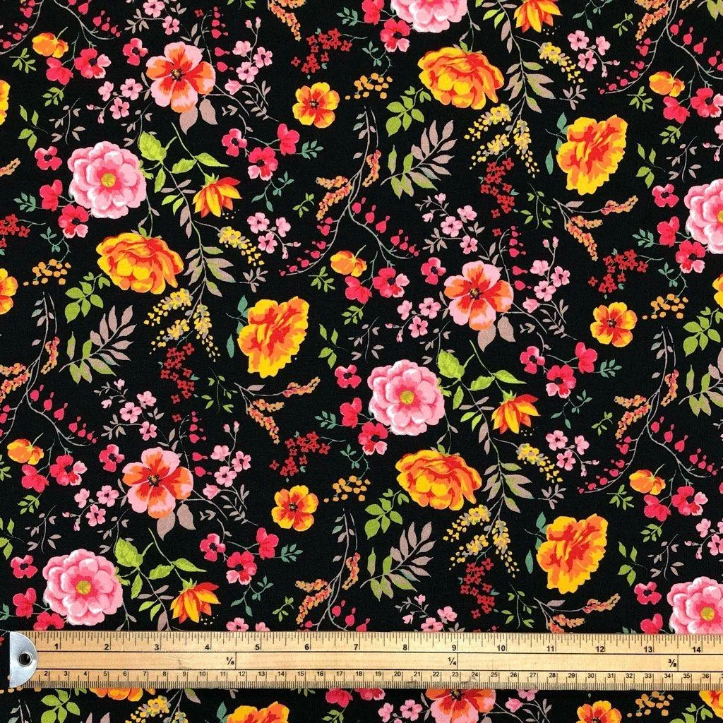 Botanical Floral on Black French Terry Fabric