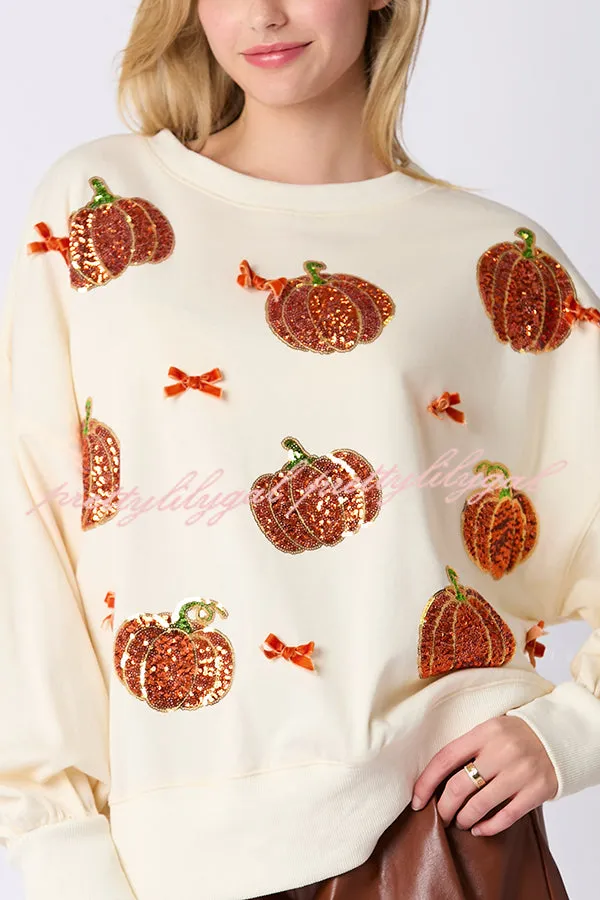 Halloween Colorful Pumpkin Embroidered Loose Casual Sweatshirt