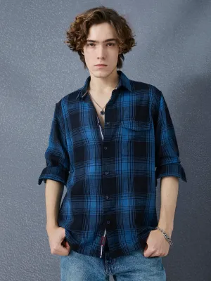 Men Premium Realxed Fit Indigo Street Vibe Cotton Plaid Casual Shirt