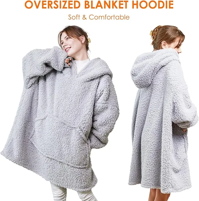 Mia&Coco Hoodie Blanket Women and Men, Oversized Hooded Blanket Hoodie with Pocket, 260GSM Sherpa Fleece Wearable Blanket Hoodie, OEKO-TEX Standards Cosy Hooded Blankets, Grey