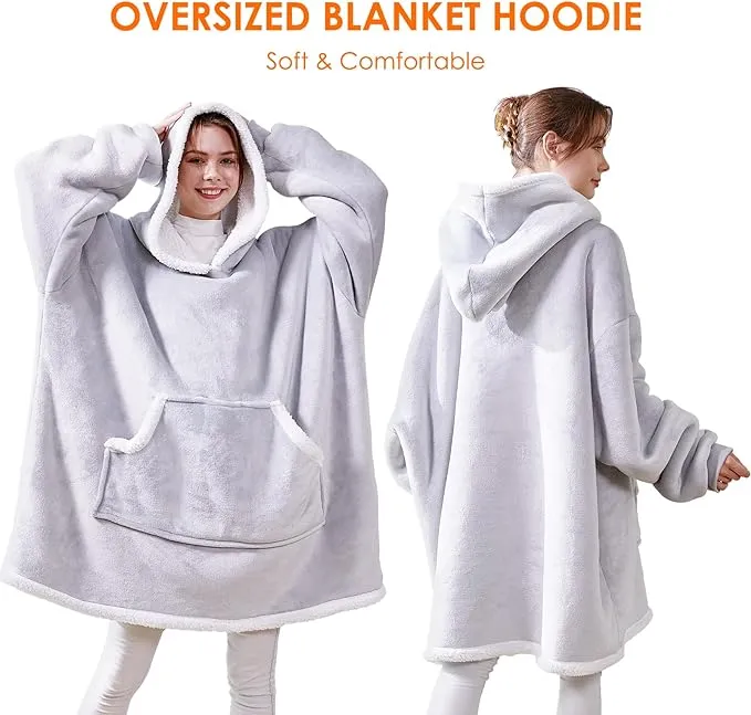 Mia&Coco Hoodie Blanket Women and Men, Oversized Hooded Blanket Hoodie with Pocket, 260GSM Sherpa Fleece Wearable Blanket Hoodie, OEKO-TEX Standards Cosy Hooded Blankets, Grey