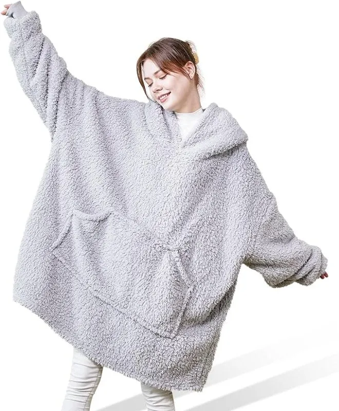 Mia&Coco Hoodie Blanket Women and Men, Oversized Hooded Blanket Hoodie with Pocket, 260GSM Sherpa Fleece Wearable Blanket Hoodie, OEKO-TEX Standards Cosy Hooded Blankets, Grey