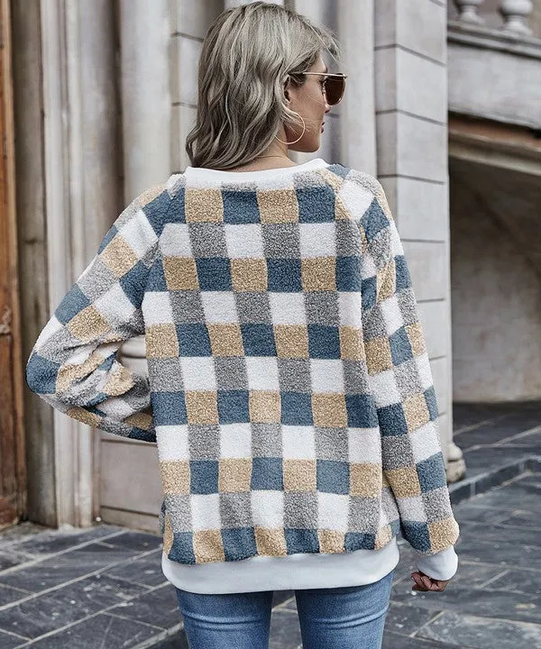 Plaid Pattern Drop Shoulder DuffleTeddy Sweatshirt