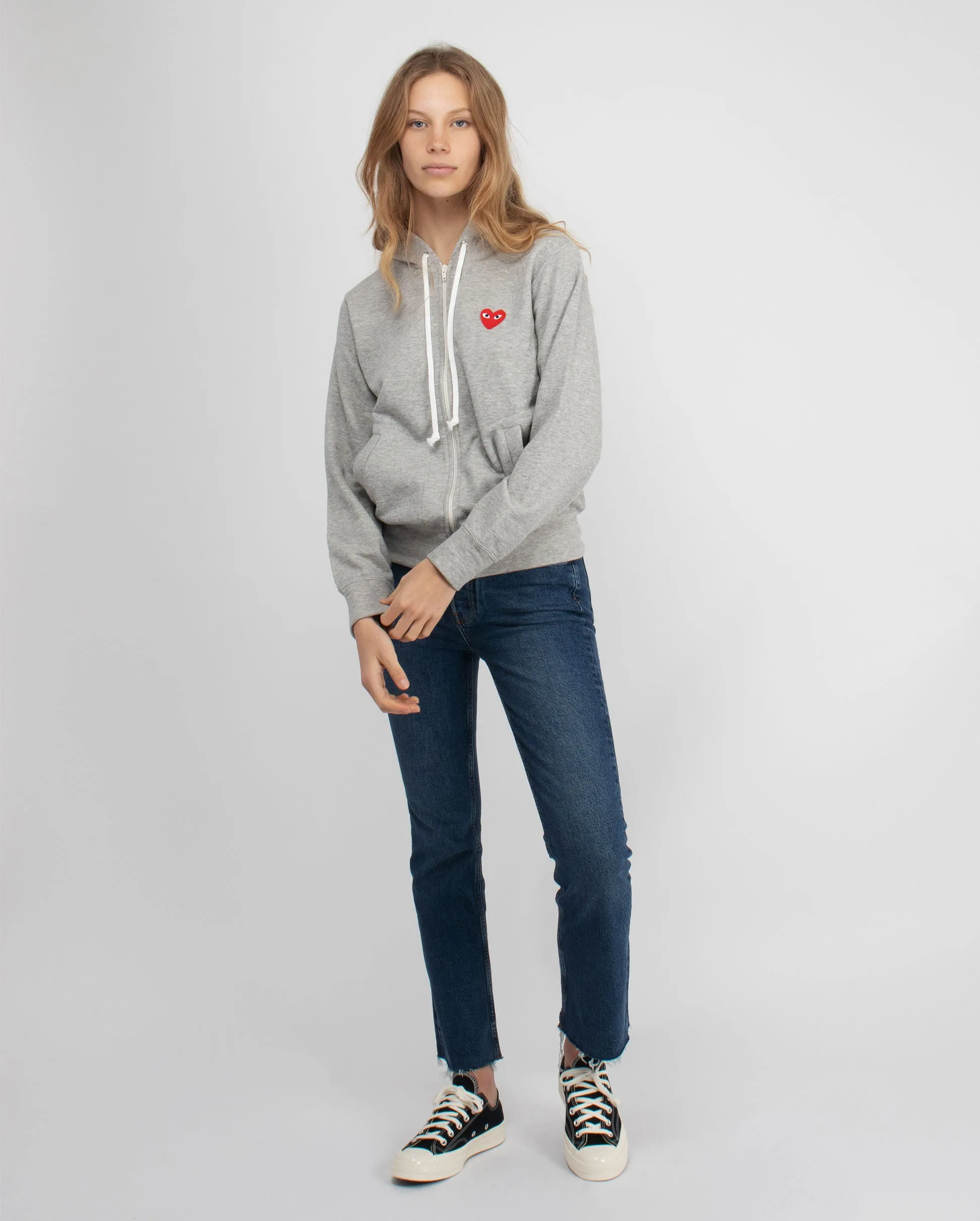 T167 RED HEART ZIP UP HOODIE / GREY