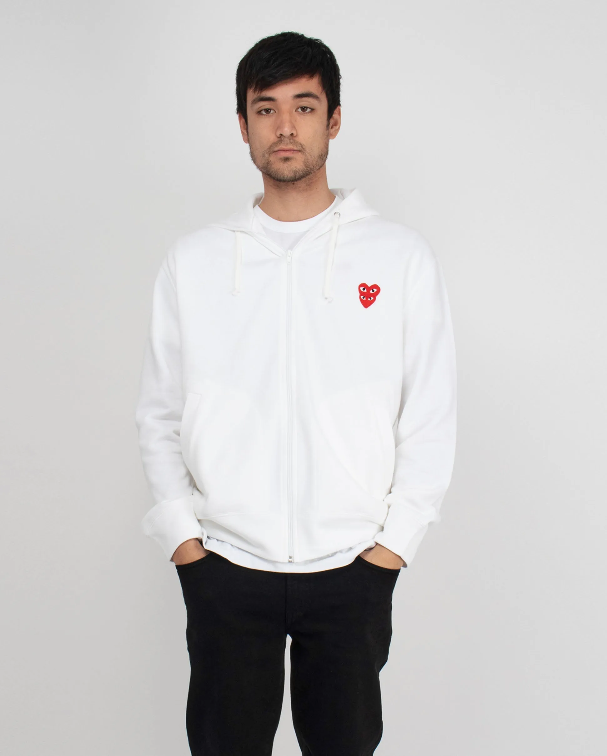 T294 RED DOUBLE HEART ZIP UP HOODED SWEATSHIRT / WHITE