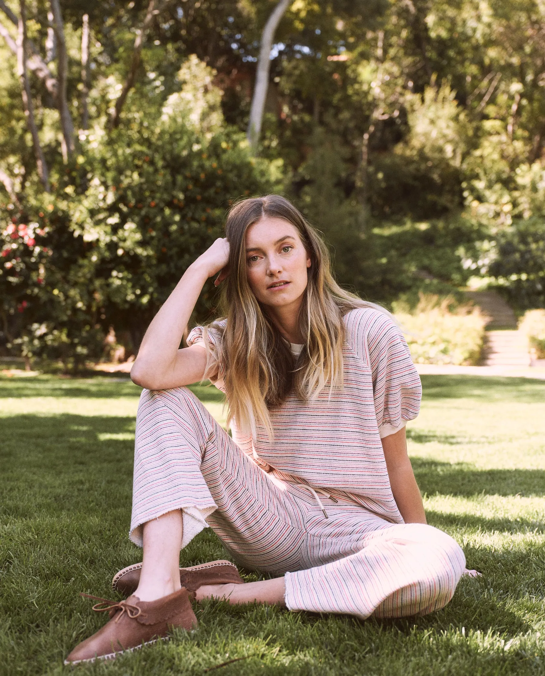 The Wide Leg Cropped Sweatpant. -- Washed White Colorful Stripe