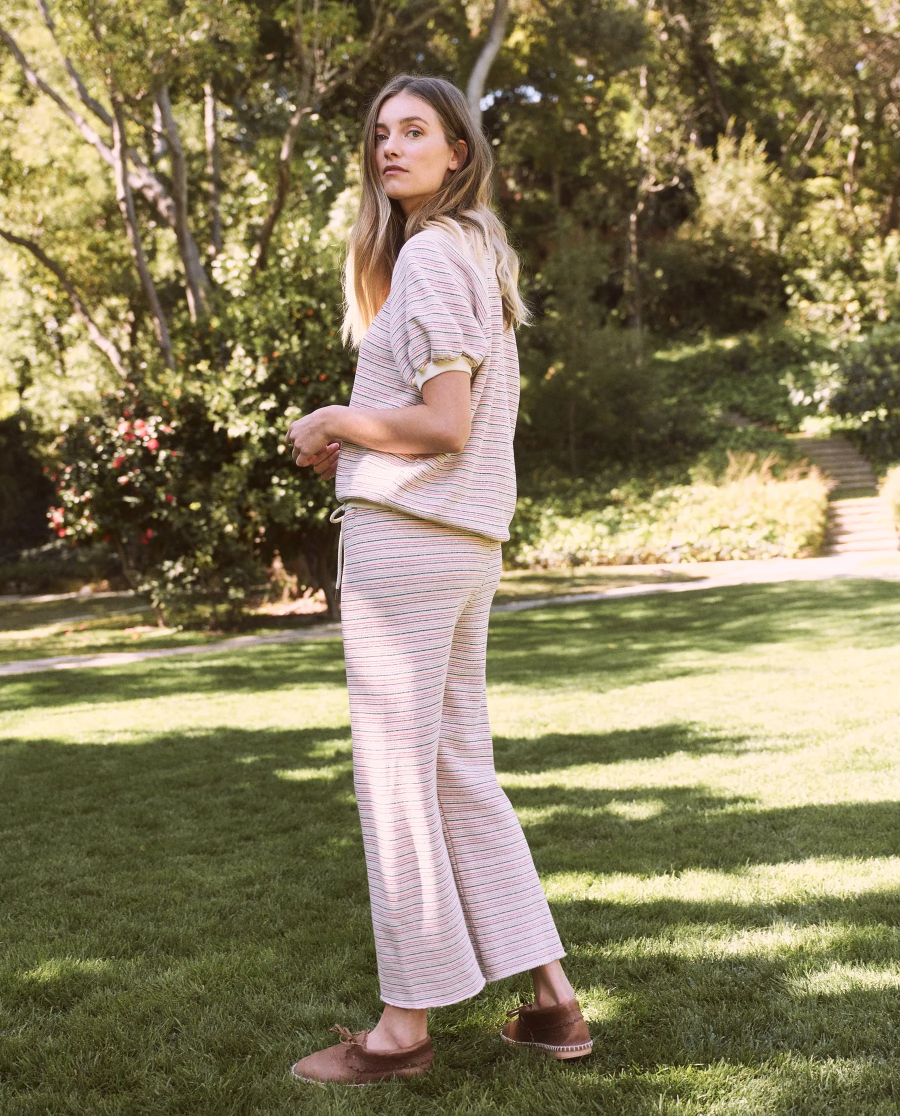 The Wide Leg Cropped Sweatpant. -- Washed White Colorful Stripe