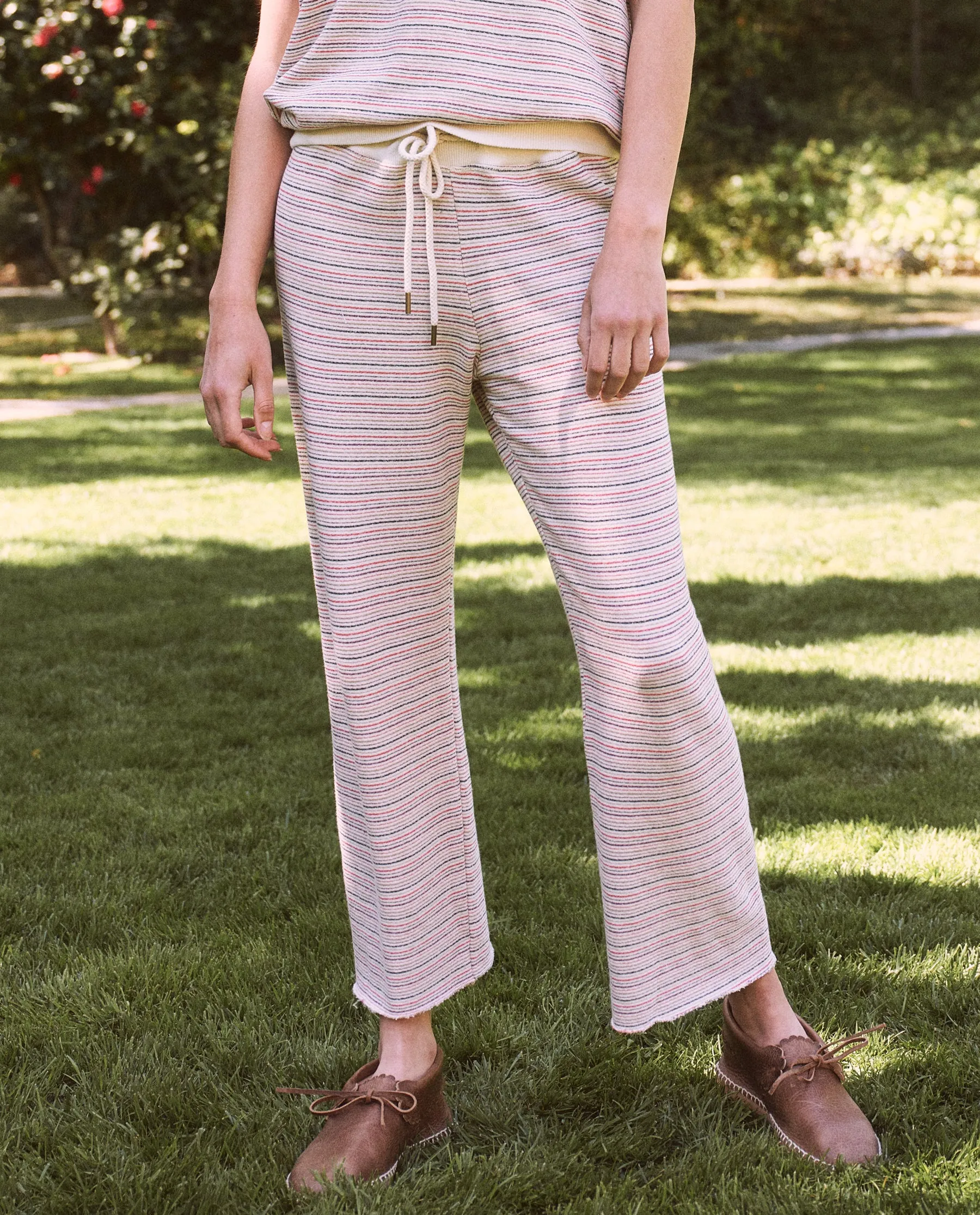 The Wide Leg Cropped Sweatpant. -- Washed White Colorful Stripe