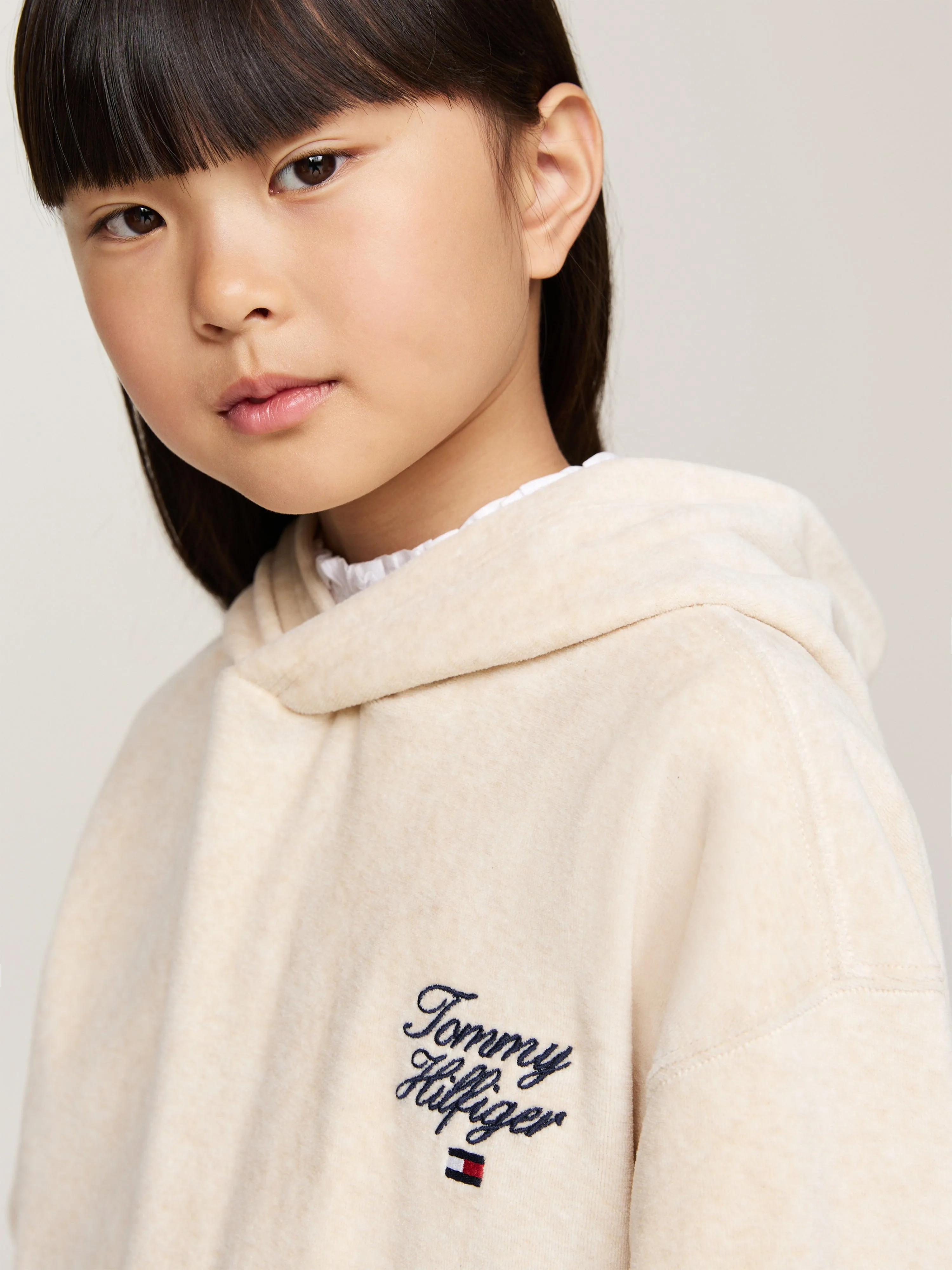 Tommy Hilfiger Girls Script Logo Velour Hoodie in Beige