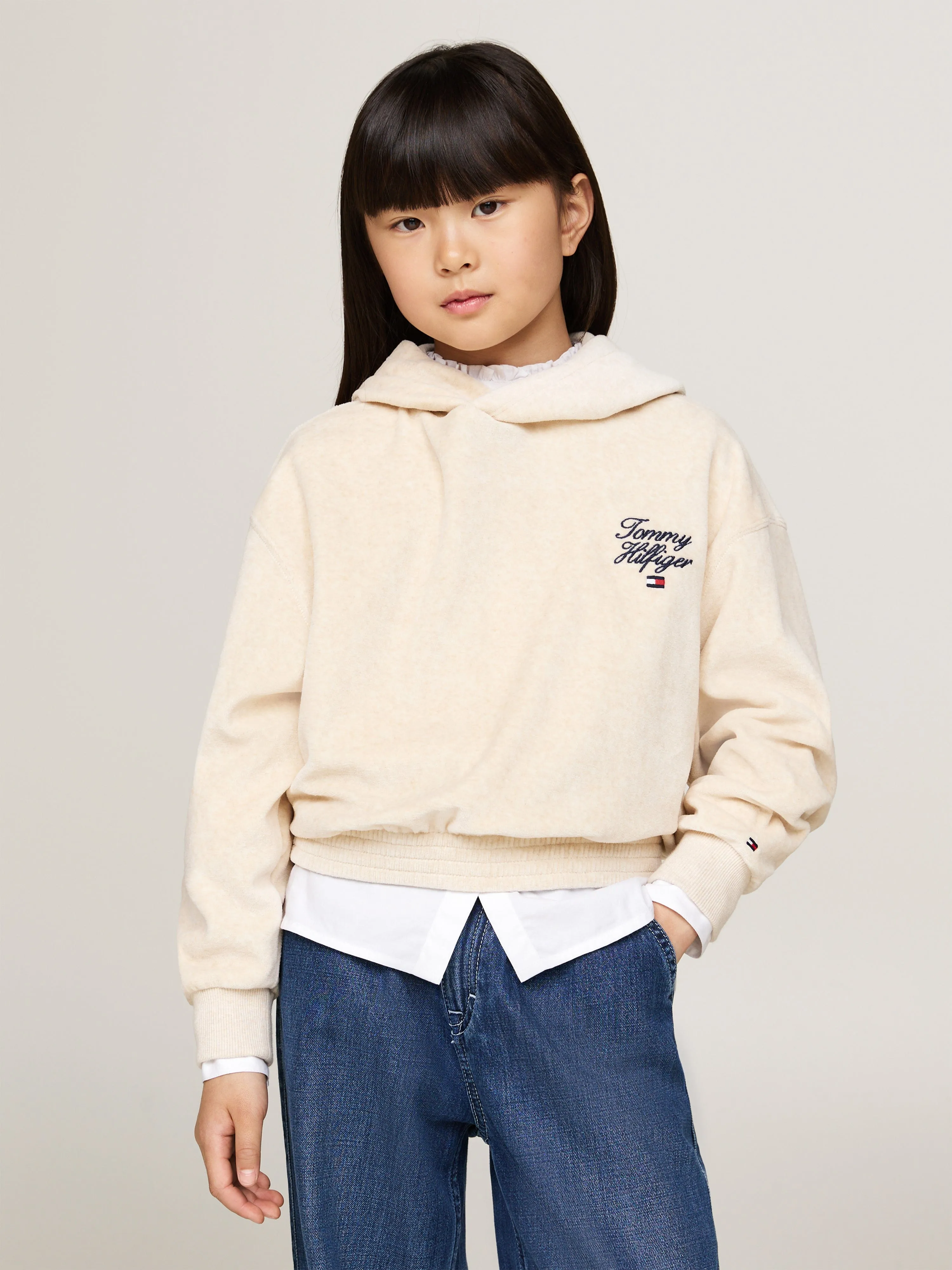 Tommy Hilfiger Girls Script Logo Velour Hoodie in Beige