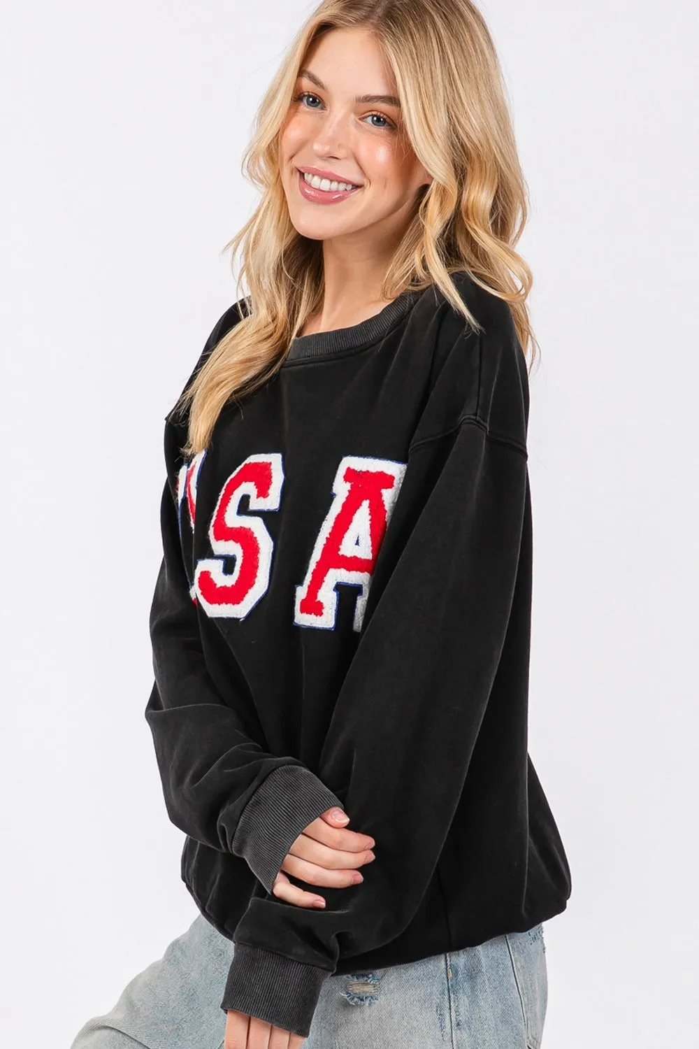 USA Letter Patch Round Neck Sweatshirt