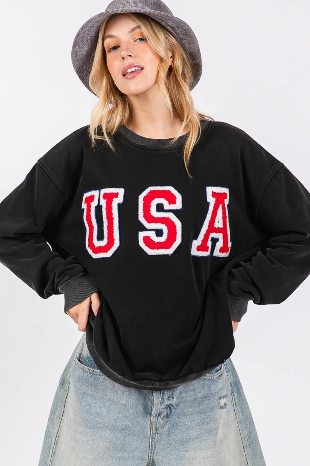 USA Letter Patch Round Neck Sweatshirt