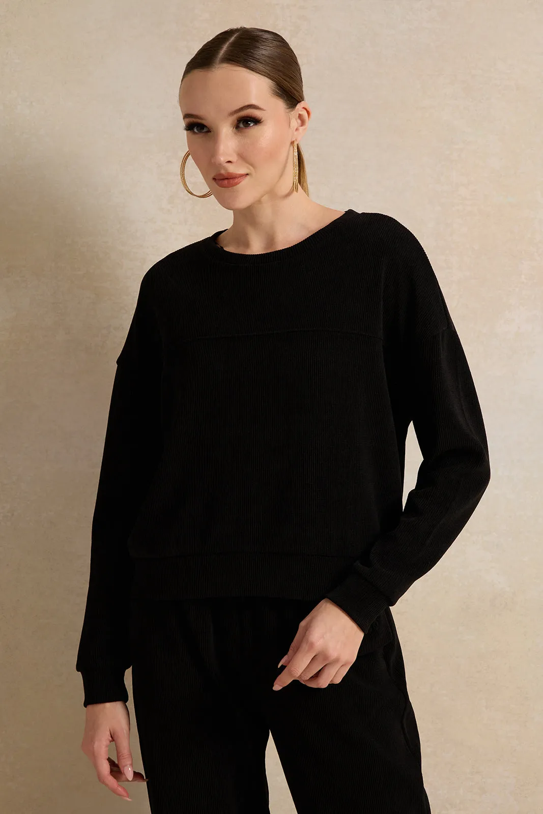 Women Black Ribbed Sweatshirt