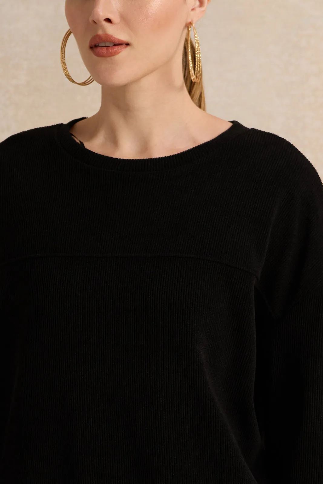 Women Black Ribbed Sweatshirt