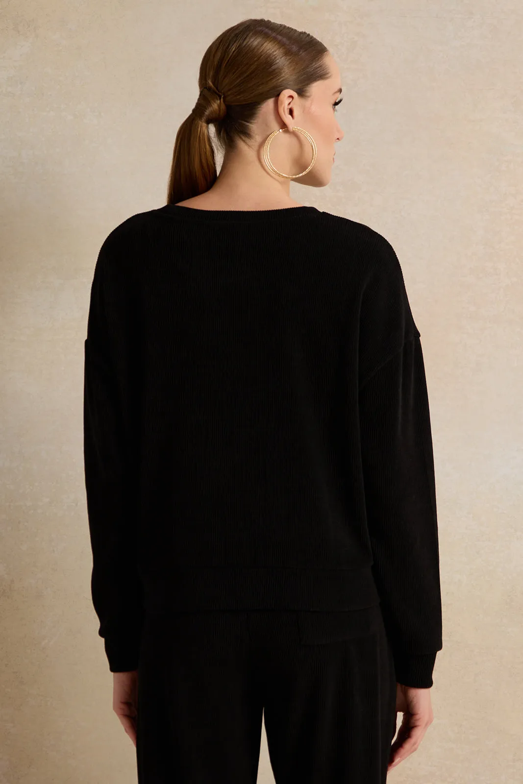 Women Black Ribbed Sweatshirt