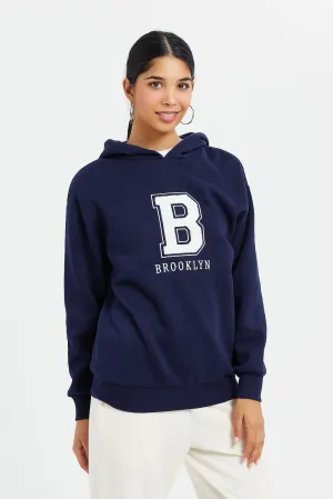 Women Navy Hooded Printed Sweatshirt